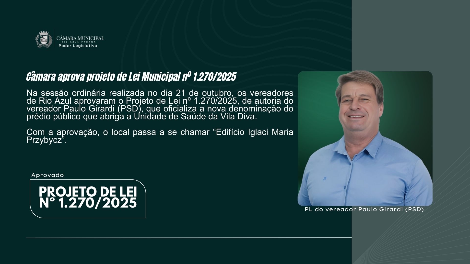 Câmara de Rio Azul aprova denominação de prédio público em homenagem a Iglaci Maria Przybycz